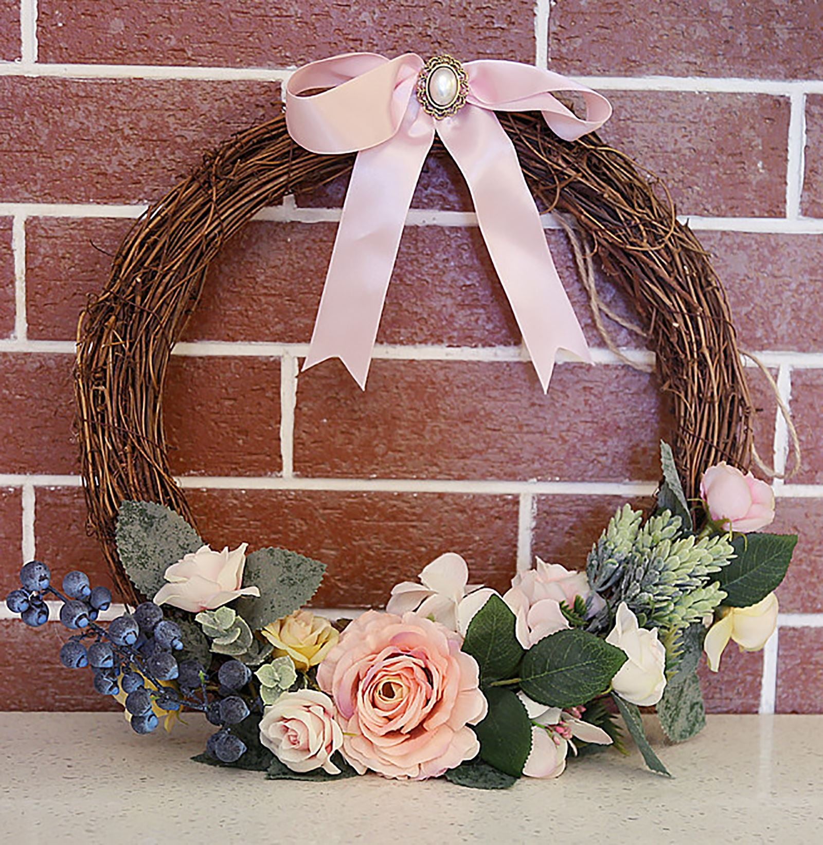 Artificial Flowers Rose Eucalyptus Berries Flowers Bowknot Door Lintel Flower Mirror Garland Wreath Wedding Background Props-ebowsos