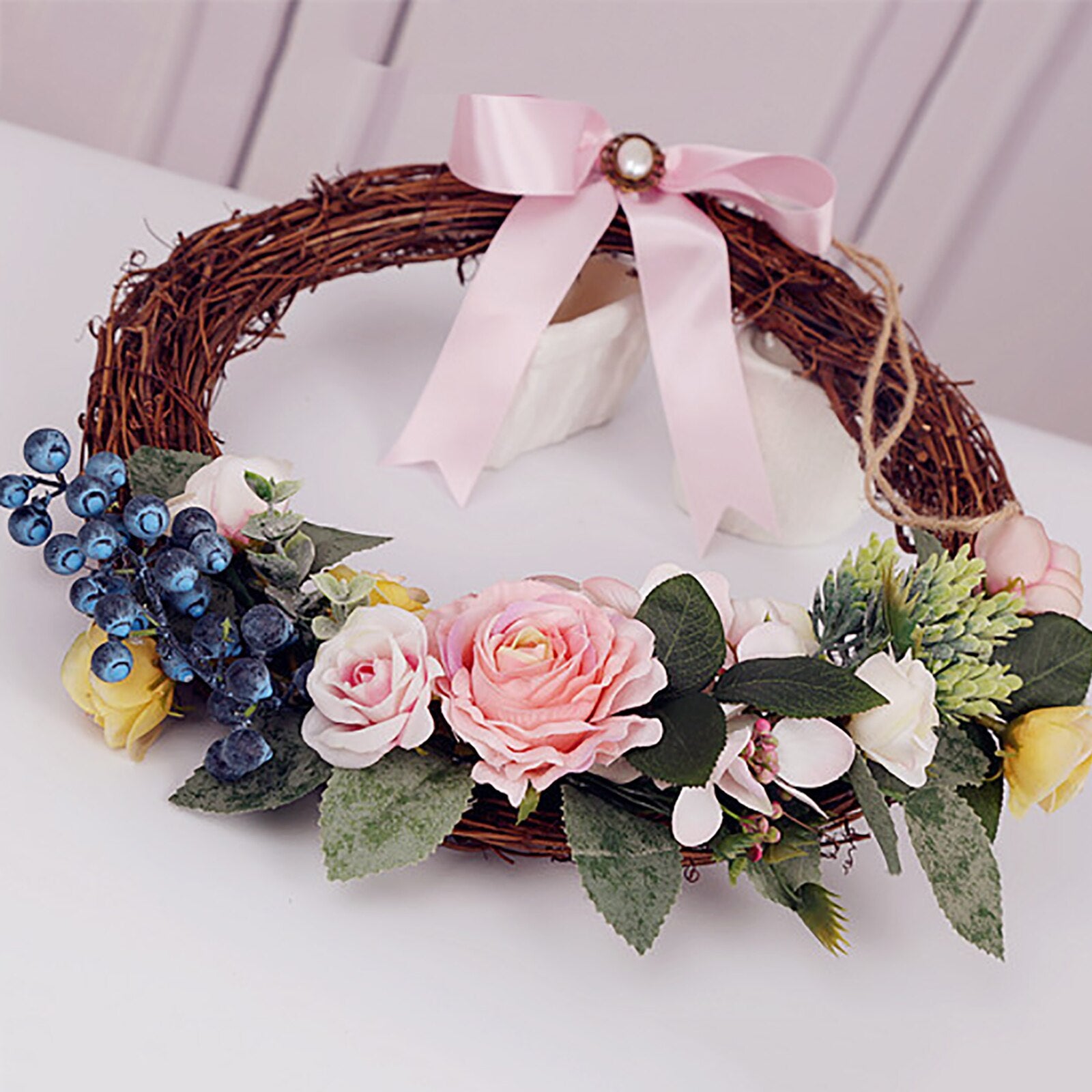 Artificial Flowers Rose Eucalyptus Berries Flowers Bowknot Door Lintel Flower Mirror Garland Wreath Wedding Background Props-ebowsos