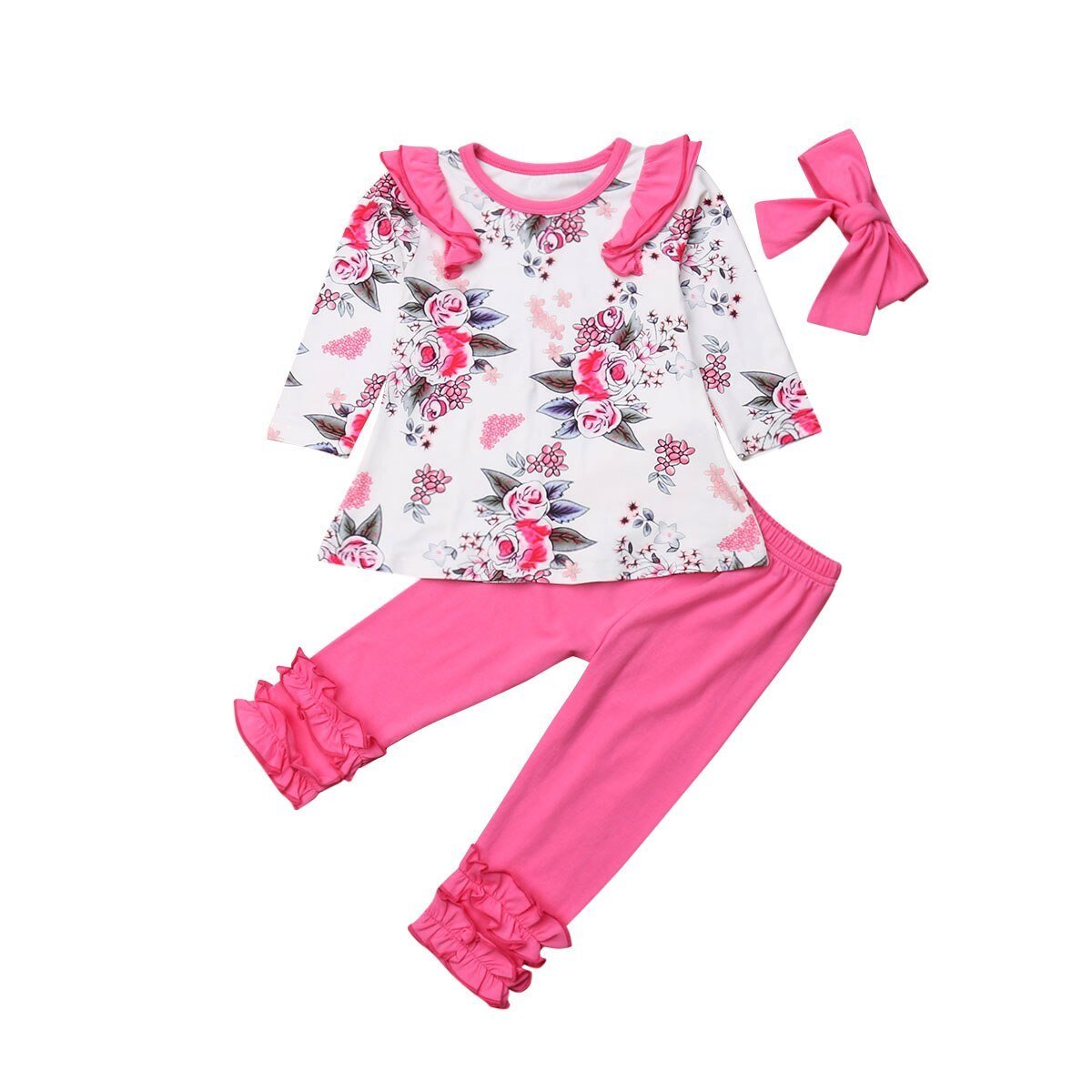 Autumn Baby Girl Clothing Toddler Floral Long Sleeve Cotton Tops T Shirt+Long Pants+Headband 3pcs Suit Clothes - ebowsos