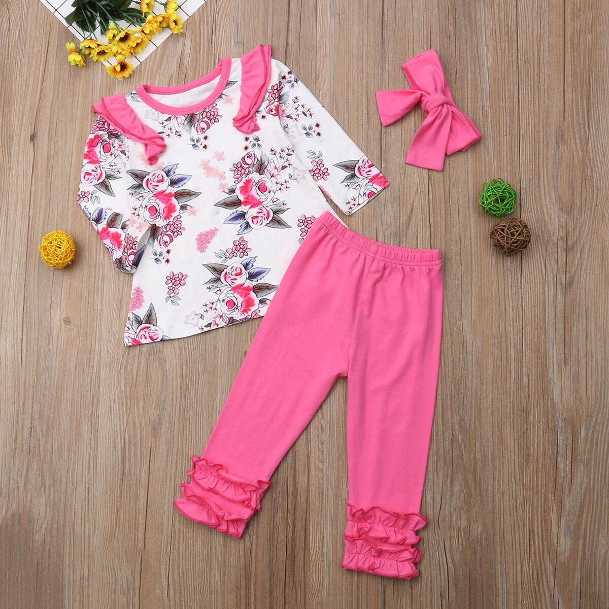 Autumn Baby Girl Clothing Toddler Floral Long Sleeve Cotton Tops T Shirt+Long Pants+Headband 3pcs Suit Clothes - ebowsos