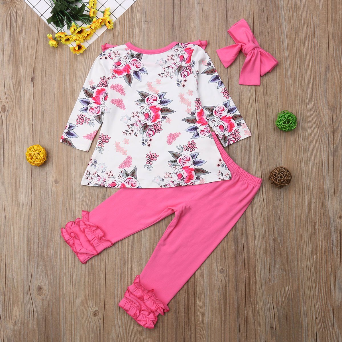 Autumn Baby Girl Clothing Toddler Floral Long Sleeve Cotton Tops T Shirt+Long Pants+Headband 3pcs Suit Clothes - ebowsos