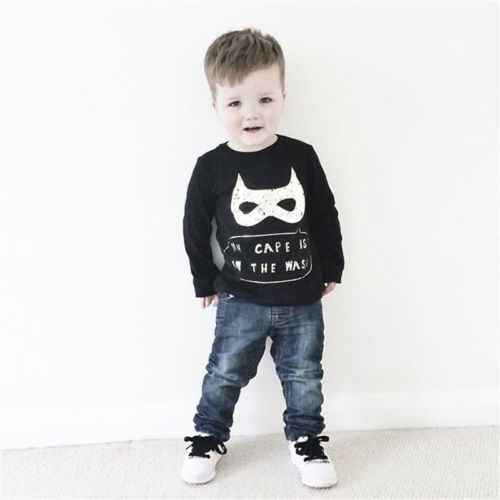 Autumn Cartoon Print Child Kids Baby Boy Casual Clothes Tops Long Sleeve Jumper Cool Black Sweatshirt Cotton - ebowsos