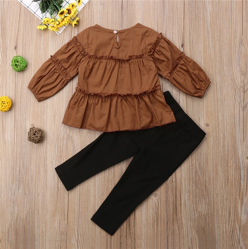 Autumn Fashion Toddler Kids Girls Clothes Long Sleeve Ruffles T-shirt Tops+ Pencil Pant Trouser 2PCS Clothing Set - ebowsos