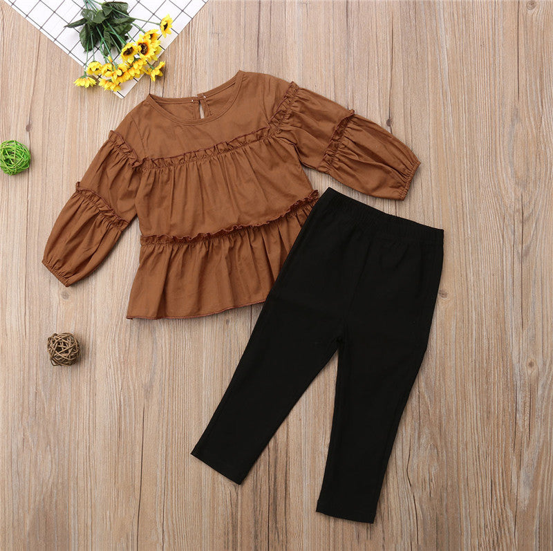 Autumn Fashion Toddler Kids Girls Clothes Long Sleeve Ruffles T-shirt Tops+ Pencil Pant Trouser 2PCS Clothing Set - ebowsos