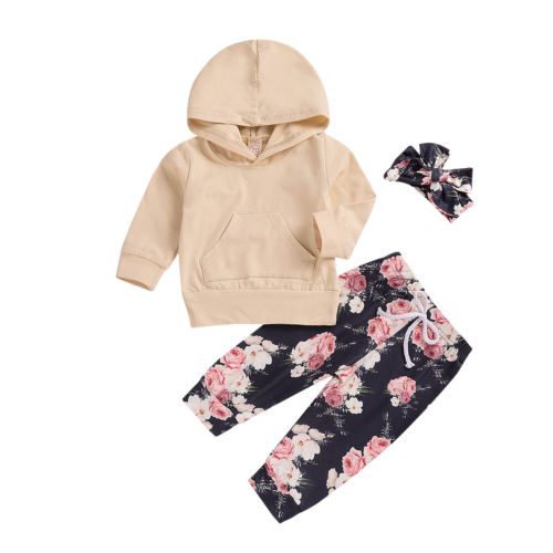 Autumn Kids Baby Girls Hooded Coat Jumper Tops Hoodies+Floral Pants 2Pcs Outfits Set - ebowsos