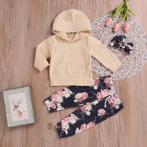 Autumn Kids Baby Girls Hooded Coat Jumper Tops Hoodies+Floral Pants 2Pcs Outfits Set - ebowsos