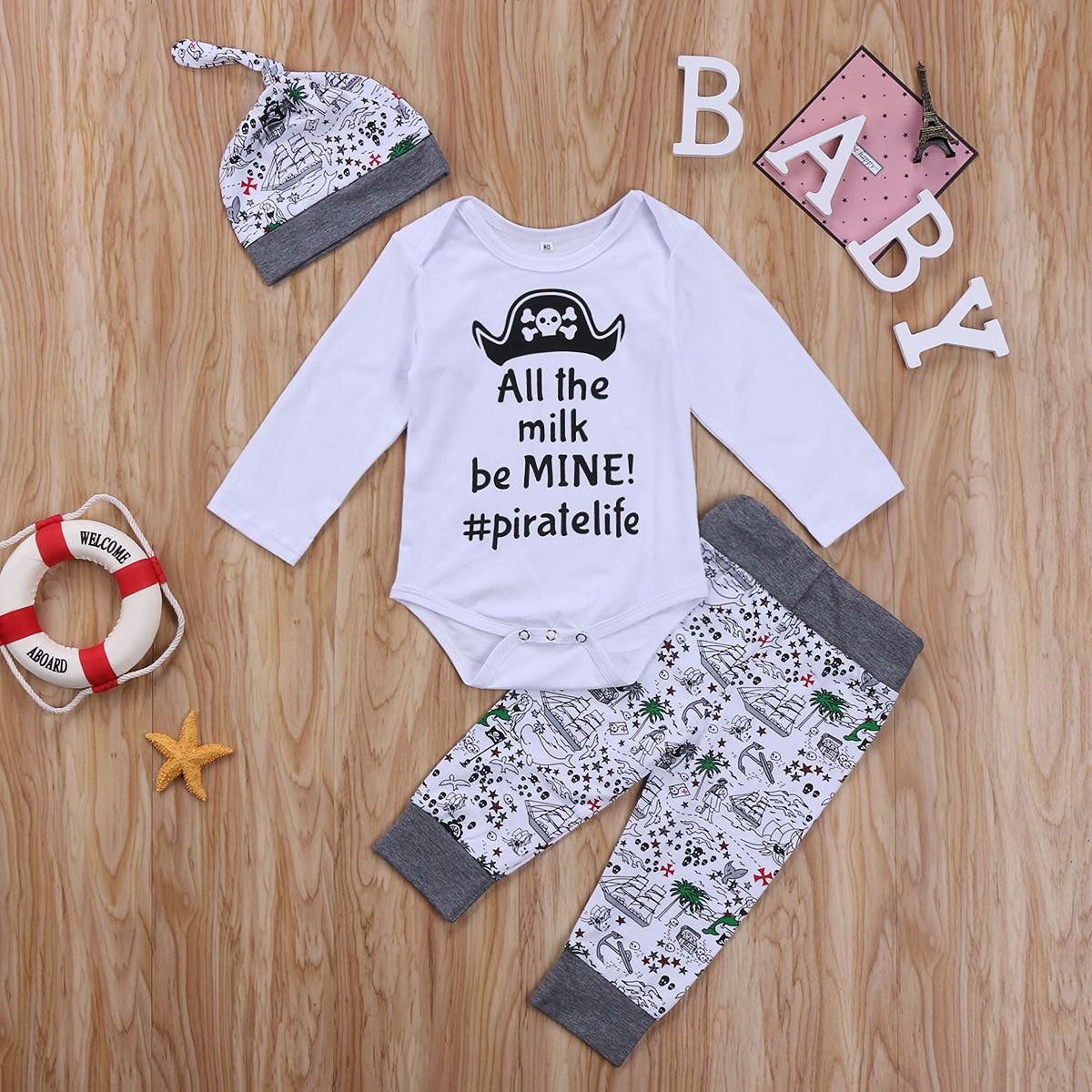 Autumn Letter Cotton Newborn Infant Baby Boy Girl Long Sleeve Outfits Set Bodysuit Long Pants Leggings Hat - ebowsos