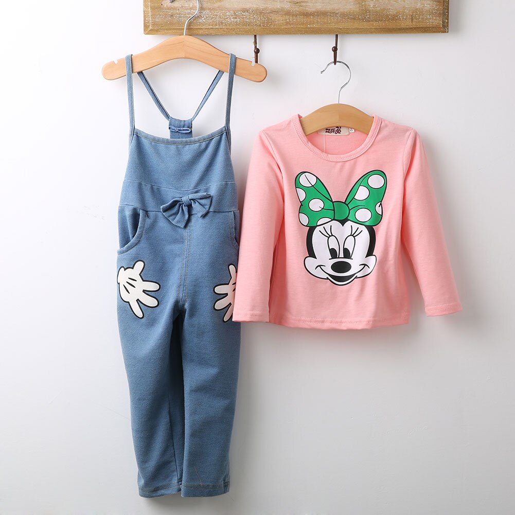 Autumn Newborn Baby Girl Tops T-shirt Denim Bib Pants Cartoon mouse Outfit Clothes Set 2PCS!! 1-5Y - ebowsos