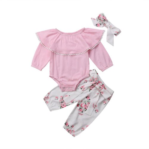 Autumn Newborn Baby Girls Off Shoulder Long Sleeve Romper +Pants Floral Outfits Newborn Kids Cotton Clothes Set - ebowsos