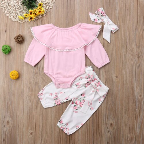 Autumn Newborn Baby Girls Off Shoulder Long Sleeve Romper +Pants Floral Outfits Newborn Kids Cotton Clothes Set - ebowsos