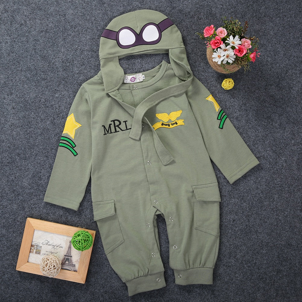 Autumn Pilots Baby Boy Kids Infant Cotton Long Sleeve Romper+Hat Cap Jumpsuit Outfits Set 6-24M - ebowsos