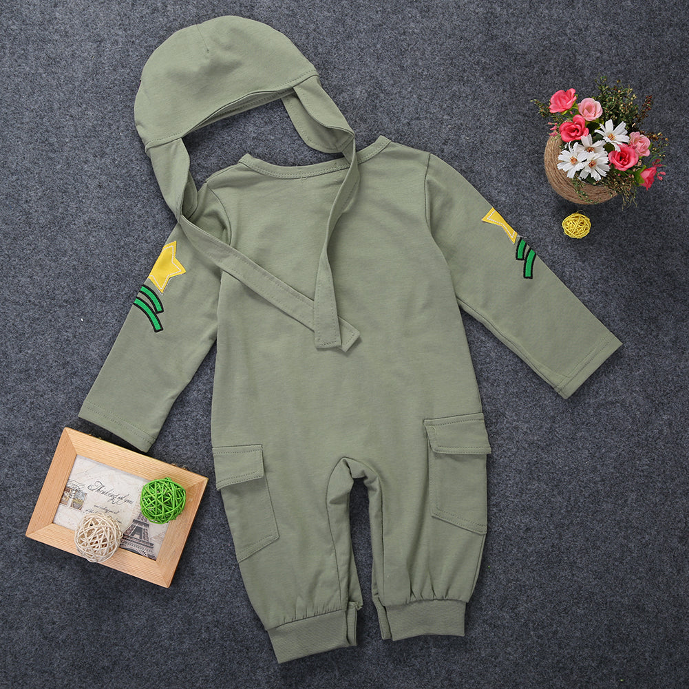 Autumn Pilots Baby Boy Kids Infant Cotton Long Sleeve Romper+Hat Cap Jumpsuit Outfits Set 6-24M - ebowsos