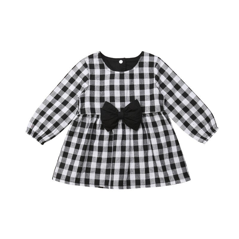 Autumn Toddler Baby Girls Dresses Cute Clothes Long Sleeve Plaid Bow Mini Dress Party Warm Clothing Baby Girl 1-6T - ebowsos