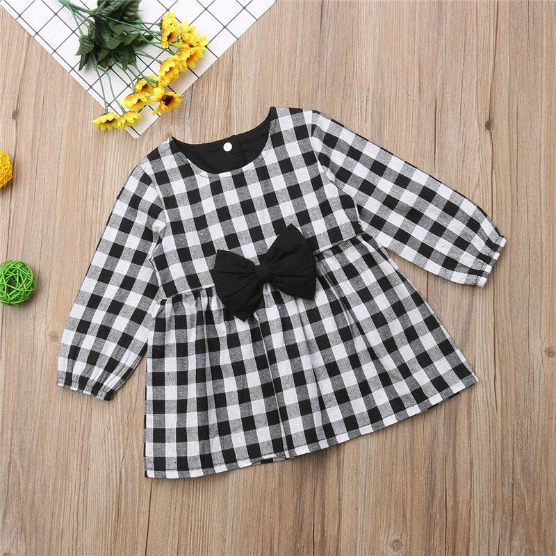 Autumn Toddler Baby Girls Dresses Cute Clothes Long Sleeve Plaid Bow Mini Dress Party Warm Clothing Baby Girl 1-6T - ebowsos