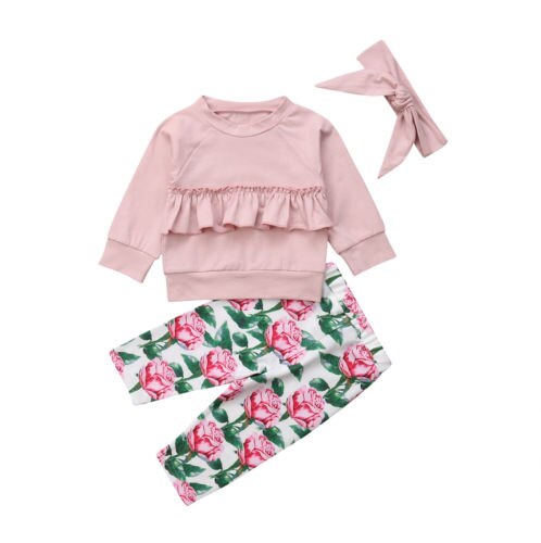 Autumn Toddler Kids Baby Girl Solid Cotton Clothes Sweater+Floral Pants 3Pcs Set - ebowsos