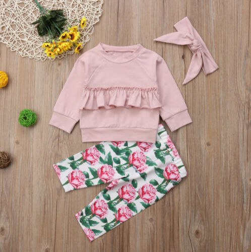 Autumn Toddler Kids Baby Girl Solid Cotton Clothes Sweater+Floral Pants 3Pcs Set - ebowsos