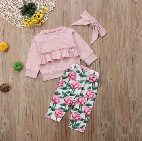 Autumn Toddler Kids Baby Girl Solid Cotton Clothes Sweater+Floral Pants 3Pcs Set - ebowsos