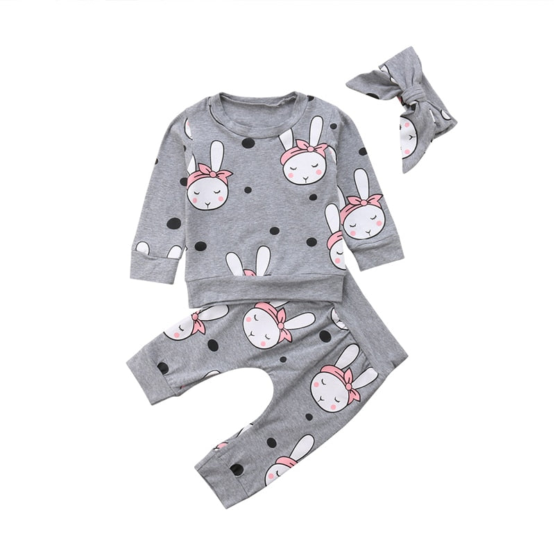 Autumn Winter Toddler Baby Girls Boys Clothes 3PCS Long Sleeve Cartoon Rabbit Sweatshirt Tops+Pant+Headband Sets - ebowsos