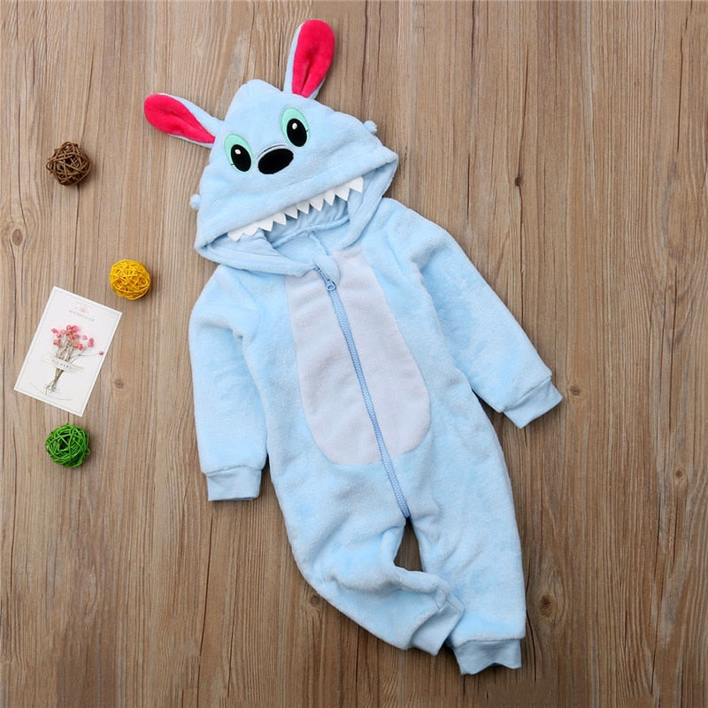 Autumn Winter Warm Lovely Cute Infant Baby Girls Boys Long Sleeve Hooded 3D Ears Zipper Cartoon Jumpsuits Romper 0-4Y - ebowsos