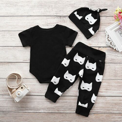 Baby Boy Clothes Handsome Cartoon Romper + Pants Printed Hat 3Pcs/SET - ebowsos