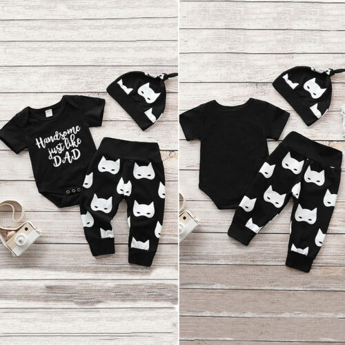 Baby Boy Clothes Handsome Cartoon Romper + Pants Printed Hat 3Pcs/SET - ebowsos