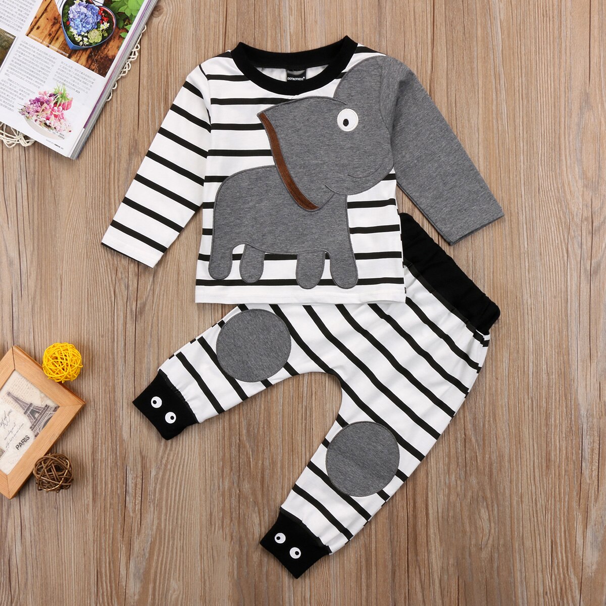 Baby Boy Girl Elephant Long Sleeve Tops Sweatshirt Striped Cotton O-neck Pants Clothes Outfit Set - ebowsos