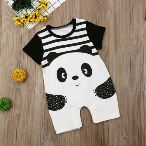 Baby Boys Girls Cartoon Striped Panda Print Romper Jumpsuit Overall Outfits - ebowsos