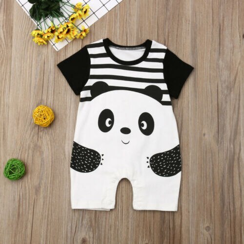 Baby Boys Girls Cartoon Striped Panda Print Romper Jumpsuit Overall Outfits - ebowsos