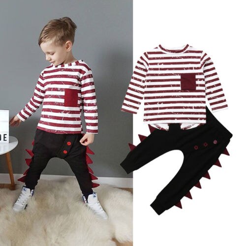 Baby Boys Kids Striped Long Sleeve T-shirt Tops+Pants Clothes Outfits - ebowsos