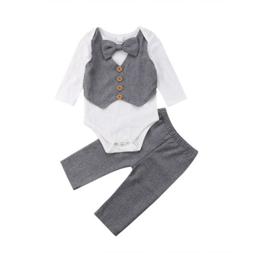 Baby Boys clothes solid Pants bow Button round neck long sleeve Bodysuit 2pc cute kids Toddler autumn cotton outfits - ebowsos