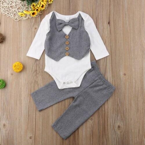 Baby Boys clothes solid Pants bow Button round neck long sleeve Bodysuit 2pc cute kids Toddler autumn cotton outfits - ebowsos