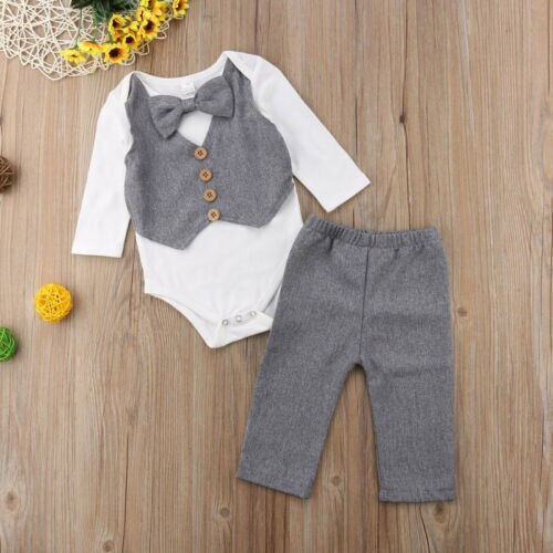 Baby Boys clothes solid Pants bow Button round neck long sleeve Bodysuit 2pc cute kids Toddler autumn cotton outfits - ebowsos