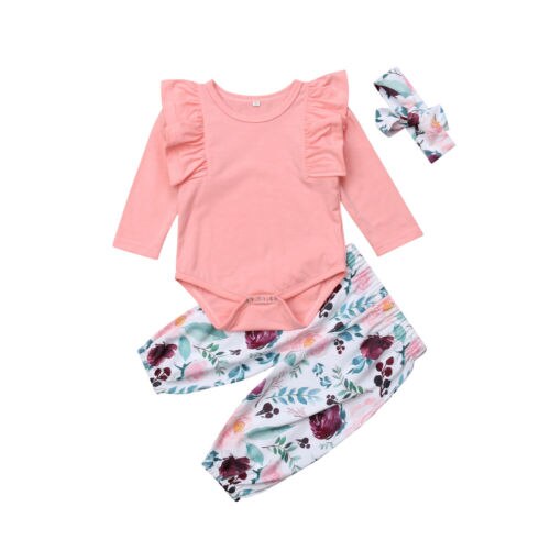 Baby Clothes 3pcs Baby Clothes Tops Ruffle Sleeve Floral Pants Outfits Cute Newborn Baby Girl Bodysuit Pants Headband 0-18M - ebowsos