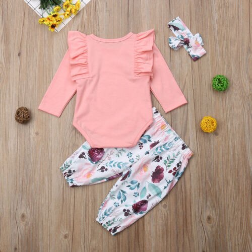 Baby Clothes 3pcs Baby Clothes Tops Ruffle Sleeve Floral Pants Outfits Cute Newborn Baby Girl Bodysuit Pants Headband 0-18M - ebowsos