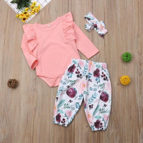 Baby Clothes 3pcs Baby Clothes Tops Ruffle Sleeve Floral Pants Outfits Cute Newborn Baby Girl Bodysuit Pants Headband 0-18M - ebowsos