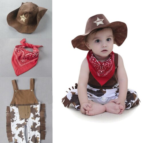 Baby Costume Cowboy Sheriff Fancy Party Rompers Hat Scarf Cool Infant Baby Clothes - ebowsos