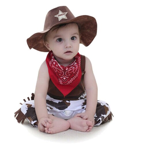 Baby Costume Cowboy Sheriff Fancy Party Rompers Hat Scarf Cool Infant Baby Clothes - ebowsos