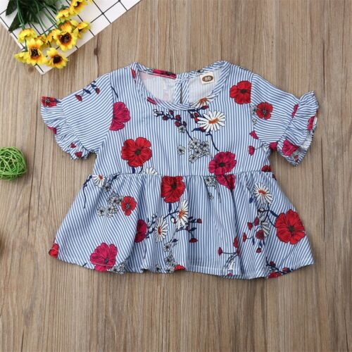 Baby Floral Girl Party Stripe Tutu Dress Casual Ruffle Short Sleeve Dresses - ebowsos