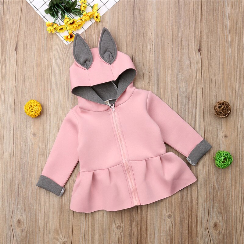 Baby Girl 3D Cartoon Rabbit Ear Hoodies Coat Ruffle Autumn Winter Jacket Outwear Baby Girl Clothes - ebowsos