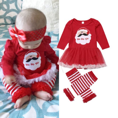 Baby Girl Christmas Clothes Long Sleeve Santa Claus Tutu Romper Dress Striped Leg Warmer 3PCS Outfits Xmas Clothing Set - ebowsos