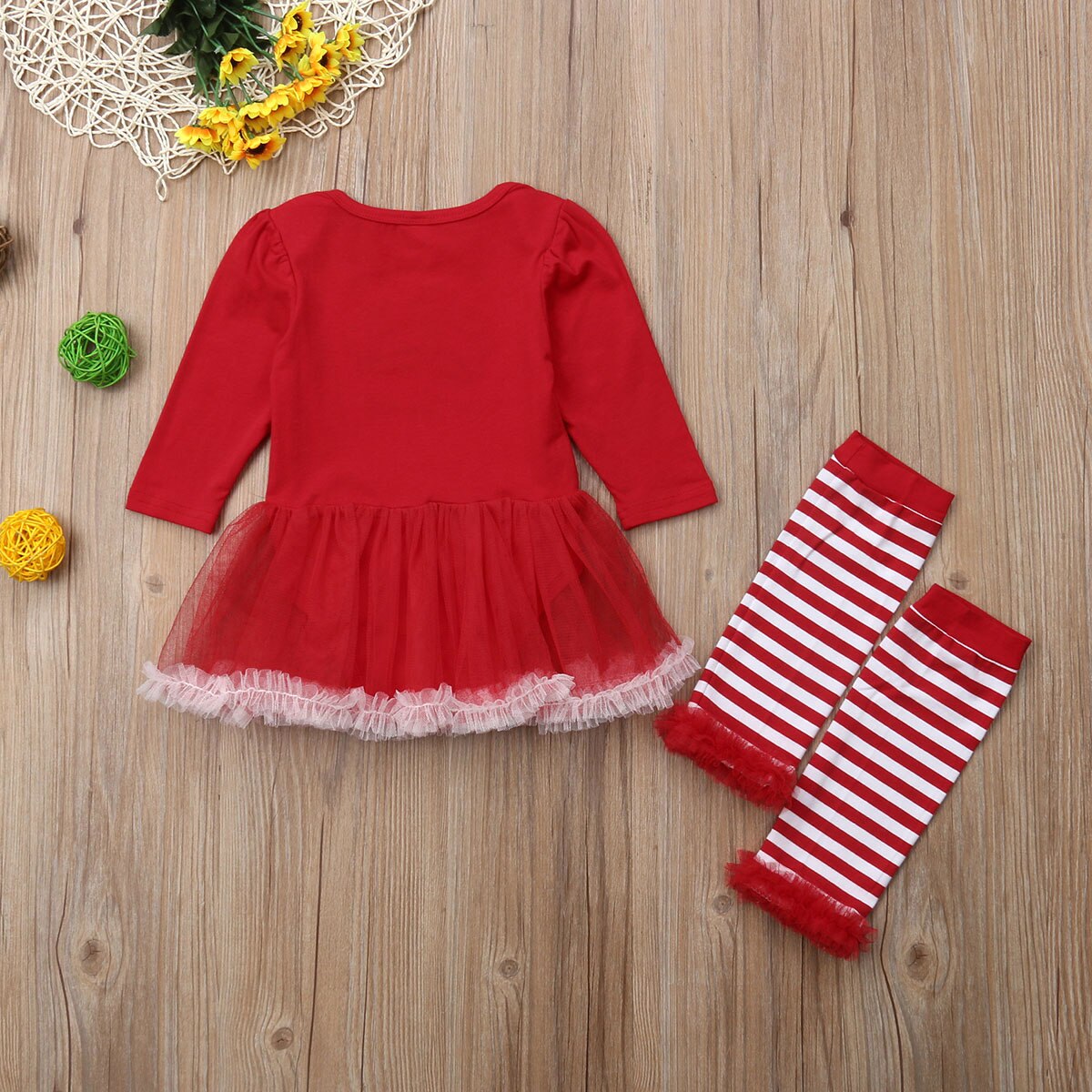 Baby Girl Christmas Clothes Long Sleeve Santa Claus Tutu Romper Dress Striped Leg Warmer 3PCS Outfits Xmas Clothing Set - ebowsos