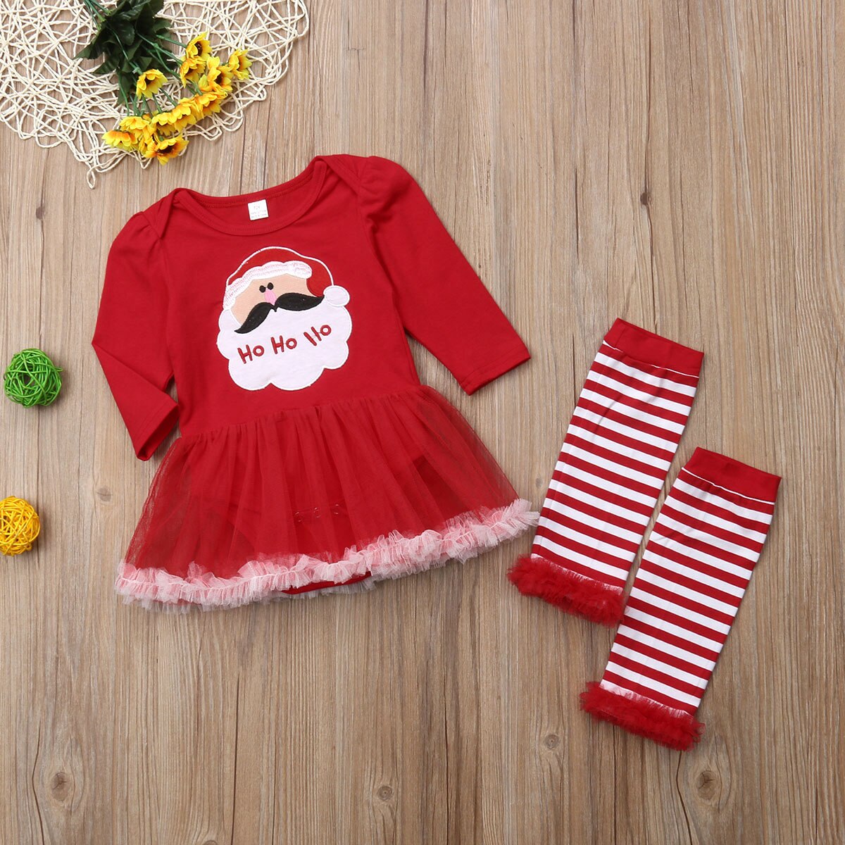 Baby Girl Christmas Clothes Long Sleeve Santa Claus Tutu Romper Dress Striped Leg Warmer 3PCS Outfits Xmas Clothing Set - ebowsos