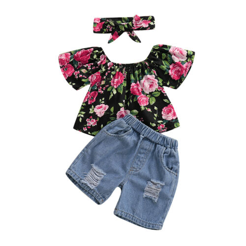 Baby Girl Clothes Off-shoulder Flower T-shirt+Denim Pants+Headband 3Pcs Summer Clothing - ebowsos