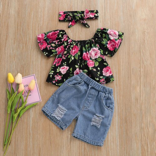 Baby Girl Clothes Off-shoulder Flower T-shirt+Denim Pants+Headband 3Pcs Summer Clothing - ebowsos