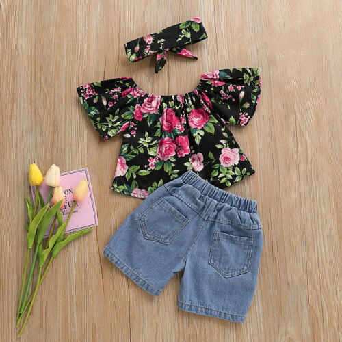 Baby Girl Clothes Off-shoulder Flower T-shirt+Denim Pants+Headband 3Pcs Summer Clothing - ebowsos