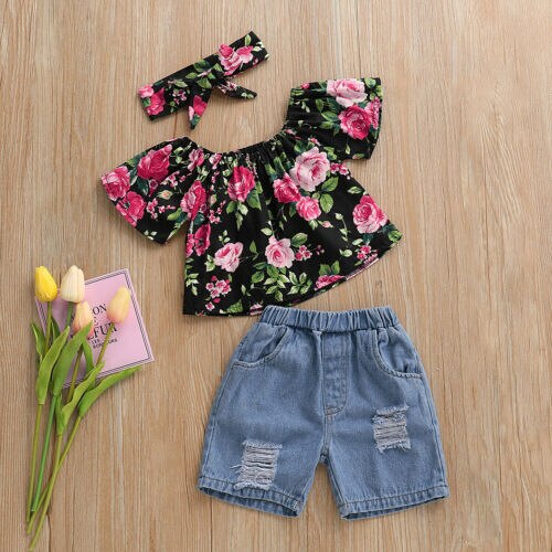 Baby Girl Clothes Off-shoulder Flower T-shirt+Denim Pants+Headband 3Pcs Summer Clothing - ebowsos