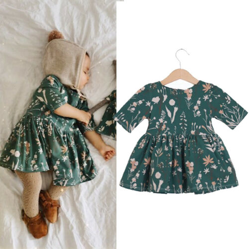 Baby Girl Clothes Outfit Kids Dresses For Girls Toddler Girls Flower Princess Cloth Half Sleeve Floral Casual Tunic Green Dress - ebowsos