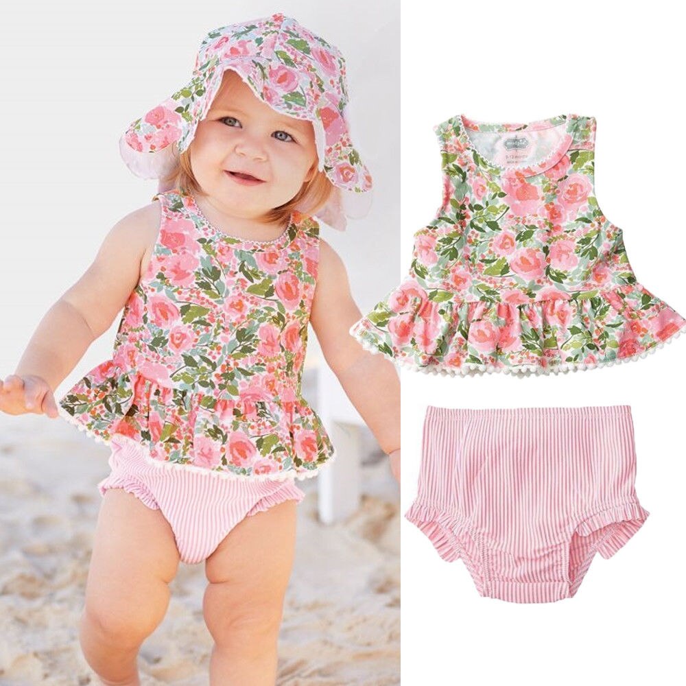 Baby Girl Clothes Pink Floral tassel Top+Cute Shorts+Hat 3pcs Hawaiian vacation Baby Clothing - ebowsos