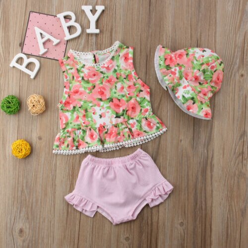 Baby Girl Clothes Pink Floral tassel Top+Cute Shorts+Hat 3pcs Hawaiian vacation Baby Clothing - ebowsos