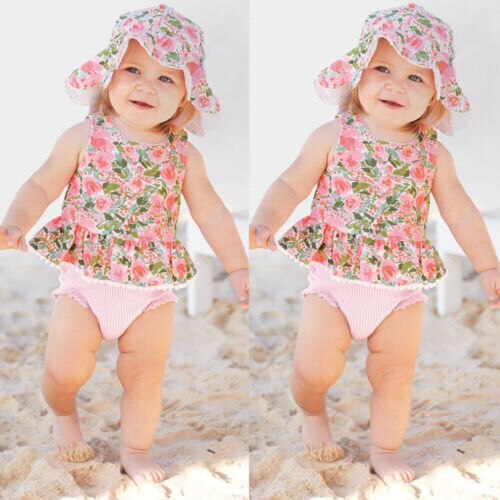 Baby Girl Clothes Pink Floral tassel Top+Cute Shorts+Hat 3pcs Hawaiian vacation Baby Clothing - ebowsos